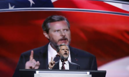 Jerry Falwell Jr, president of Liberty University, speaks during the Republican National Convention in Cleveland, Ohio. He resigned in August amid a sexual scandal.