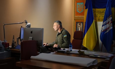 Kyiv mayor Vitali Klitschko works at his desk in his City Hall office on Friday 