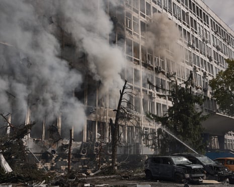 An office building in Solomianskyi district is damaged following a strike by a Russian Geran-5 jet-powered attack drone in Kyiv, Ukraine.