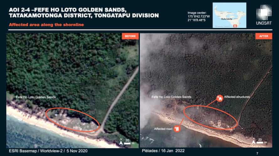 Before and after satellite imagery shows affected areas of Tonga.