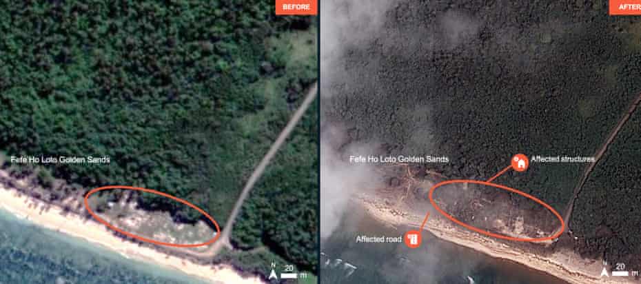 Before and after Satellite imagery shows affected areas of Tonga.