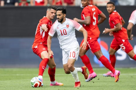 Mousa Al-Tamari controls the ball during the friendly between Jordan and Switzerland.