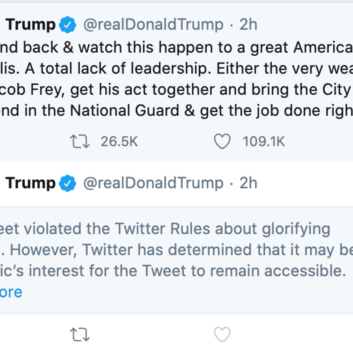 Twitter Hides Donald Trump Tweet For Glorifying Violence Twitter The Guardian Twitter Hides Donald Trump Tweet For Glorifying Violence Twitter The Guardian