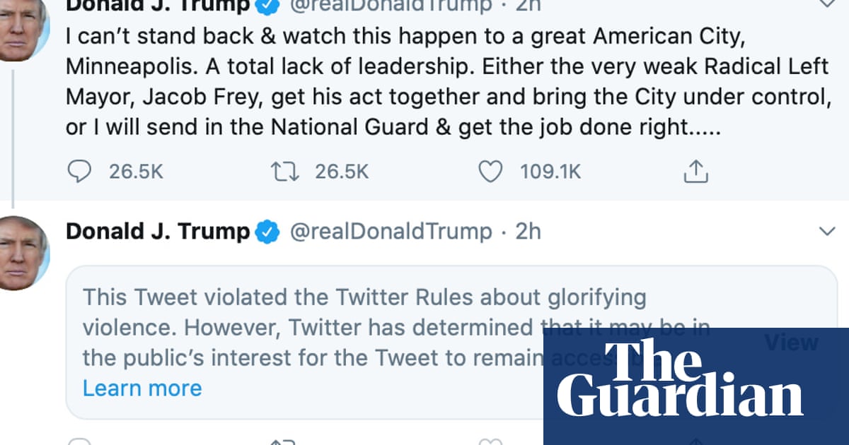 Twitter Hides Donald Trump Tweet For Glorifying Violence Technology The Guardian