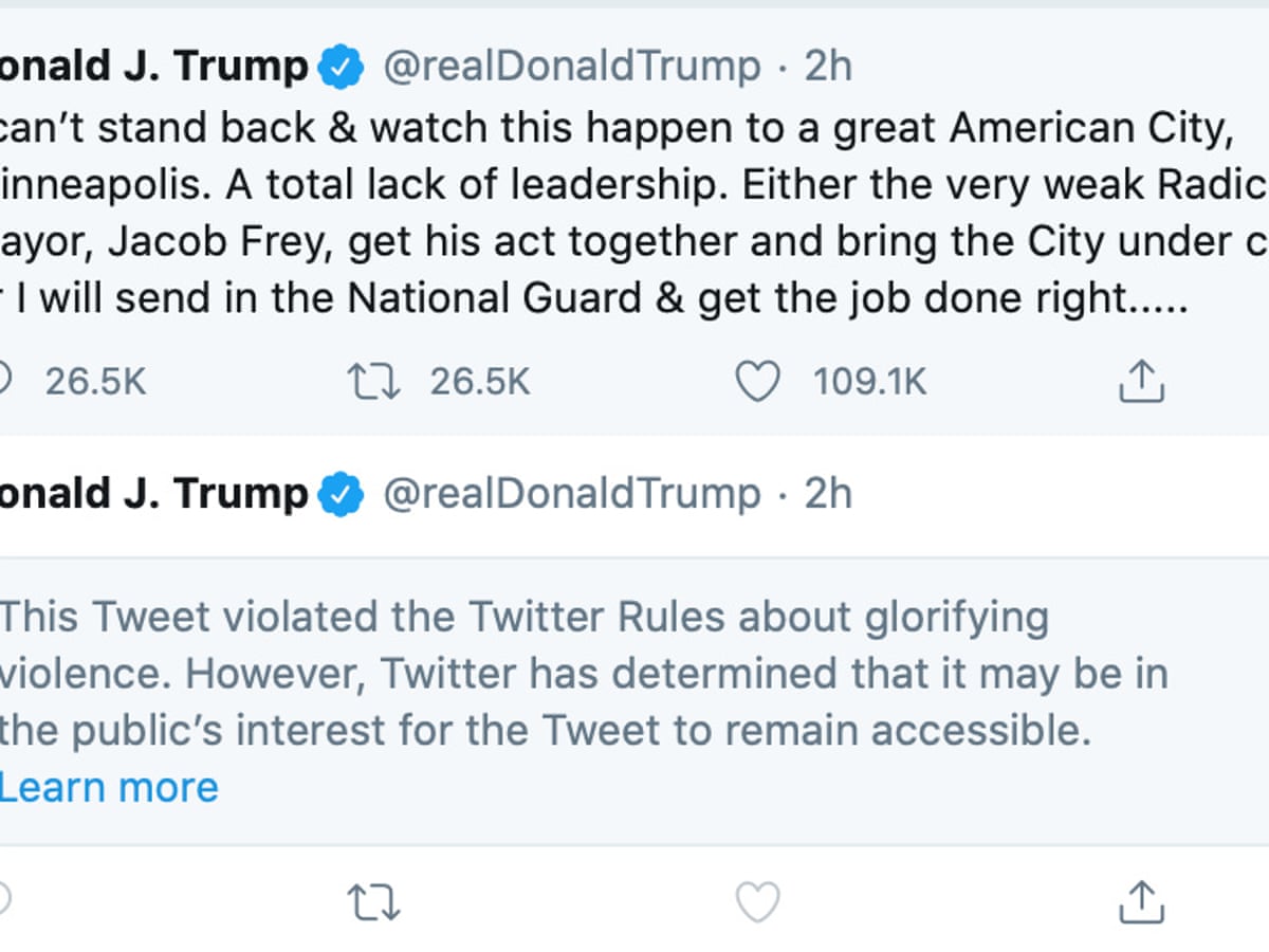 Twitter Hides Donald Trump Tweet For Glorifying Violence Twitter The Guardian Twitter Hides Donald Trump Tweet For Glorifying Violence Twitter The Guardian