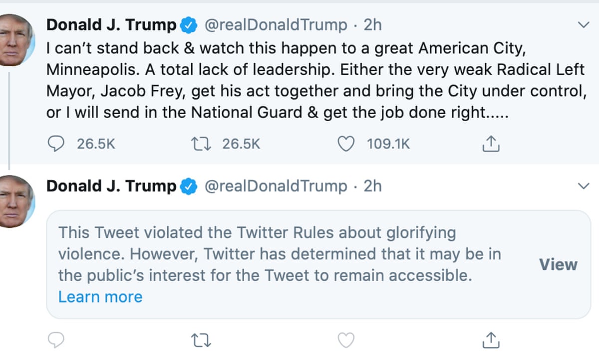 Twitter hides Donald Trump tweet for 'glorifying violence ...