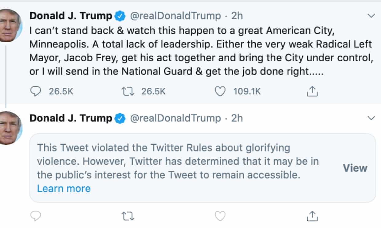 Twitter esconde el tuit de Donald Trump por ’glorificar la violencia’