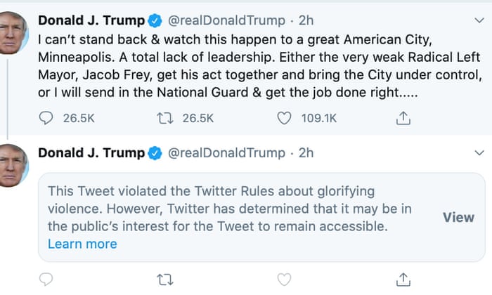 Twitter Hides Donald Trump Tweet For Glorifying Violence Technology The Guardian