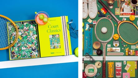 side by side photos of puzzle box and tennis rackets, shoes and other related memorabilia laid out