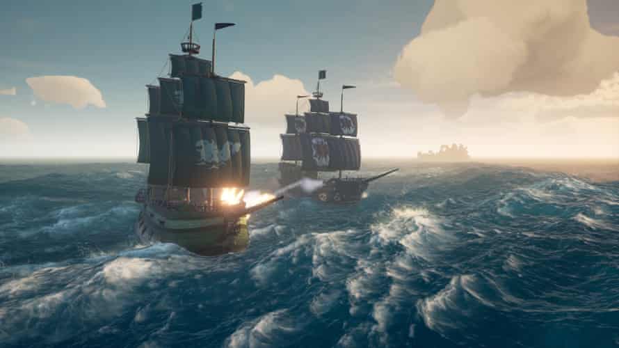 Two galleons slug it out on the waves in Sea of Thieves.