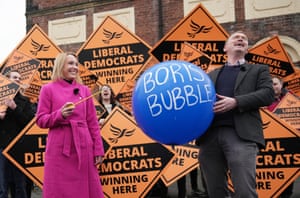 Helen Morgan and Tim Farron speak at a victory rally in Oswestry, after overturning a majority of nearly 23,000 in a seat that had been Tory since its creation in 1832.