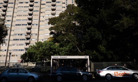 The Daniel Solander public housing tower at 180 Pitt Street, Waterloo, NSW, Australia.