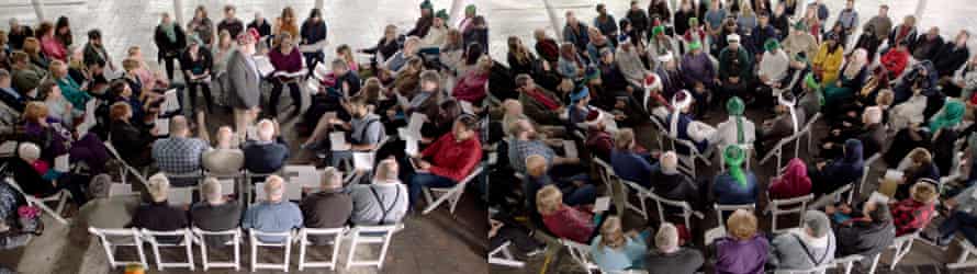 Film still of participants in The Circle and The Square, 2015-2017 at Brierfield Mill, Lancashire.