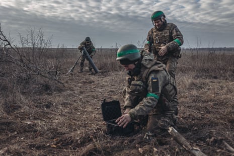 Ukrainian soldiers with a mortar on the Donbas frontline in Donetsk oblast yesterday.