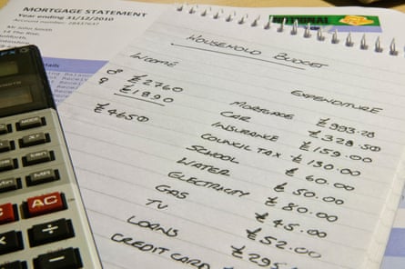 A handwritten household budget notebook listing income and expenses beside a calculator and mortgage statement
