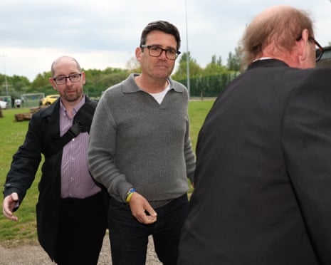 Andy Burnham arrives at FC United in Moston, Greater Manchester, on 8 May.