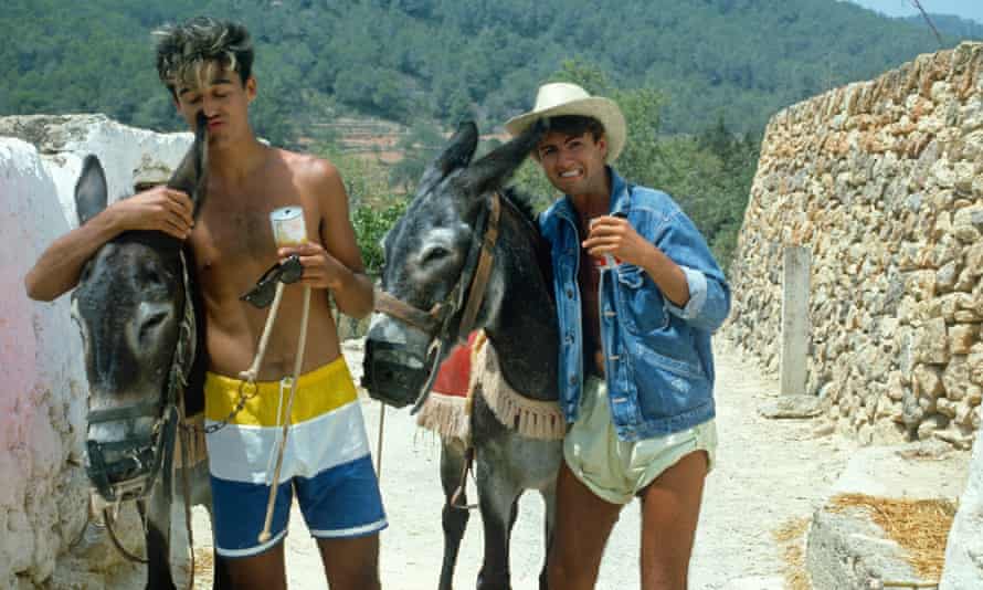 Wham! during the recording of the video for Club Tropicana at Pikes hotel in Ibiza, 1983.