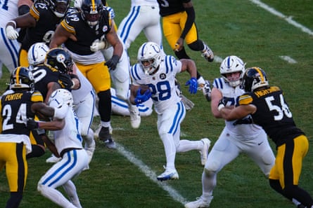 Indianapolis Colts running back Jonathan Taylor (28) runs against the Pittsburgh Steelers.