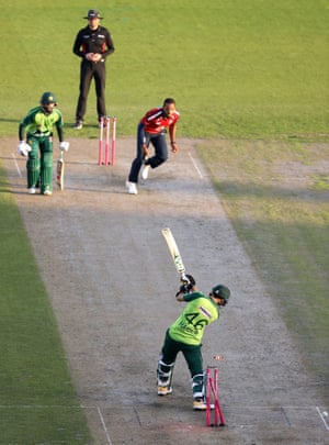 Haider Ali is clean bowled by Chris Jordan for 54.