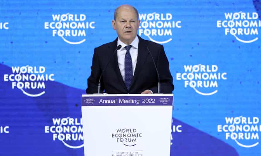 German Chancellor Olaf Scholz addresses the assembly during the World Economic Forum (WEF) 2022 annual meeting in Davos, Switzerland.