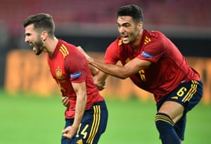 Jose Luis Gaya (left) celebrates with teammate Mikel Merino after Spain’s equaliser.