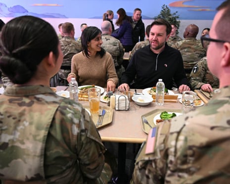 US vice-president JD Vance and US Second Lady Usha Vance eat a meal with soldiers at the US military's Pituffik Space Base in Greenland last year.
