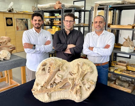 Three men stand behind a large fossil in a room filled with shelves and specimens