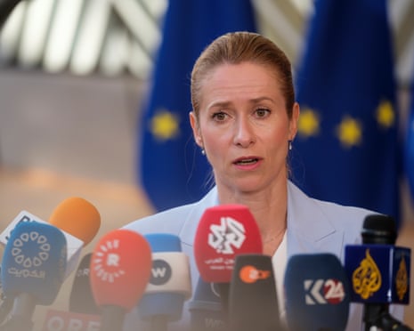 EU foreign policy chief Kaja Kallas talks to media on Monday.