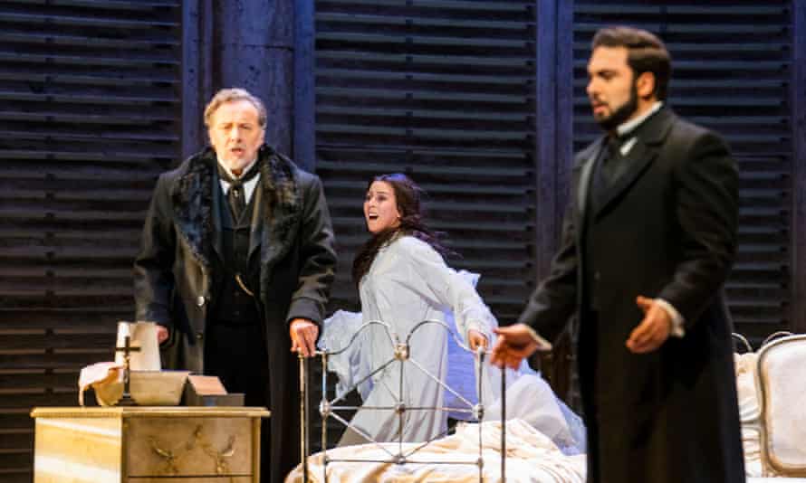 Christian Gerhaher, left, with Lisette Oropesa and Liparit Avetisyan in La traviata.