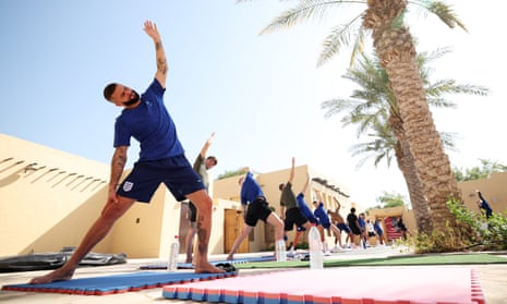 Kyle Walker and the England squad train at their hotel in Doha.