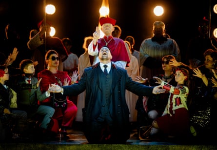 An aura of Catholicism … Dario Solari (middle) as Baron Scarpia in Tosca, with WNO cast.