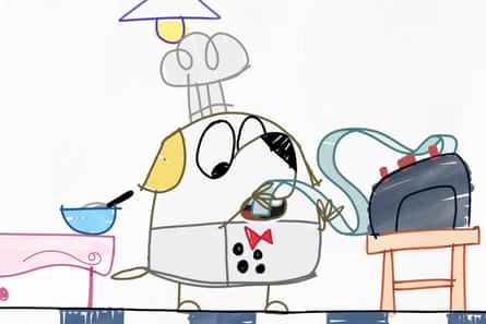 A cartoon dog wearing a bow tie. A bowl is on the left and a machine spitting out paper is on the rights