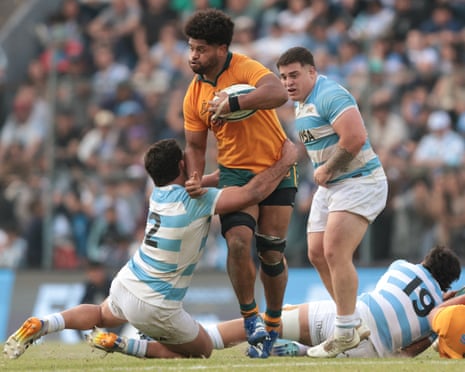 Wallabies No 8 Rob Valetini is tackled by Argentina hooker Ignacio Ruiz in Australia’s 27-21 victory over Los Pumas in a rugby Test in San Salvador de Jujuy