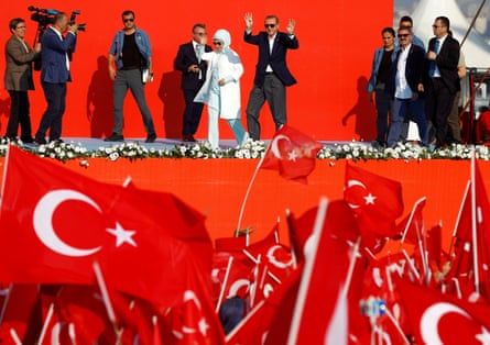 Red state … Turkish president Recep Tayyip Erdoğan attends a rally following a failed coup attempt last year.