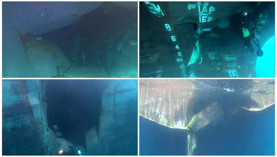 A composite photo showing underwater damage to the four tankers damaged in waters off the UAE on 12 May.