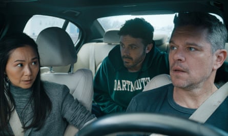 From left: Hong Chau, Casey Affleck. and Matt Damon in The Instigators.
