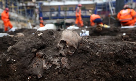 A skull is uncovered at the Bedlam burial ground where it is believed over 20,000 Londoners were buried between 1569 and 1738, March 2015