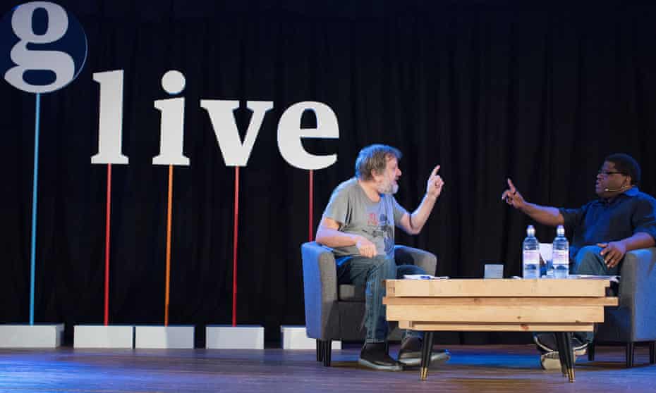 Slavoj Žižek in conversation with Gary Younge at a Guardian Live event at the Emmanuel Centre, April 2016.