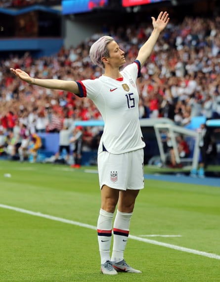 Megan Rapinoe of the United States celebrates her goal in the first half against France during the 2019 FIFA Women’s World Cup France Quarter Final match between France and USA at Parc des Princes on June 28, 2019 in Paris, France