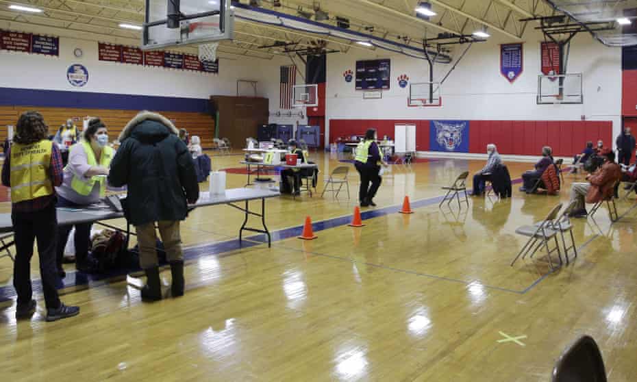 A vaccination clinic at a high school in Hardwick, Vermont in January. Physical distancing and mask requirements have now been dropped in the state.