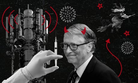 Illustration featuring Bill Gates as a devil, a witch on a broomstick, a 5G transmitter tower, Covid microbes and a vaccine