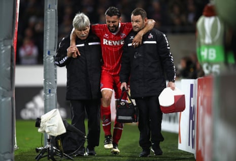 Dominic Maroh of FC Koeln is off injured.