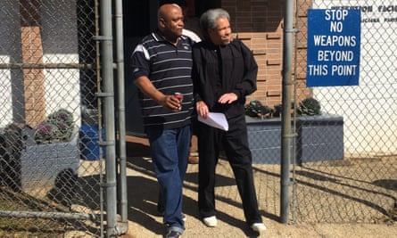Albert Woodfox accompanied by his brother Michel Mable as he walks out of the West Feliciana Parish Detention Center in Louisiana on 19 February 2016.
