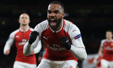 Alexandre Lacazette of Arsenal celebrates after scoring the first of his two first half goals.