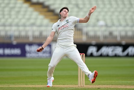 Matthew Potts bowls during day one of the Vitality County Championship Division One match between Warwickshire and Durham at Edgbaston on 12 April 2024