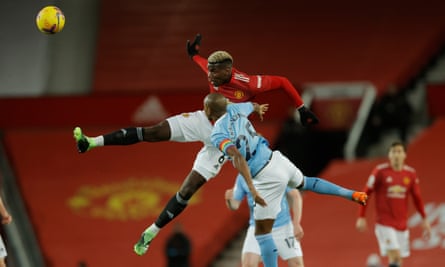 Paul Pogba wins a header against Manchester City. He is competing more in the air this season.