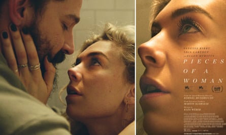 A still from Pieces of a Woman, starring Shia LaBeouf and Vanessa Kirby and the current poster, without LaBeouf.