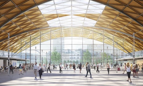 A CGI rendering of a large modern single-arched roof, gold in colour with hexagonal skylights, over a spacious station concourse, with a a large glazed wall at the far end