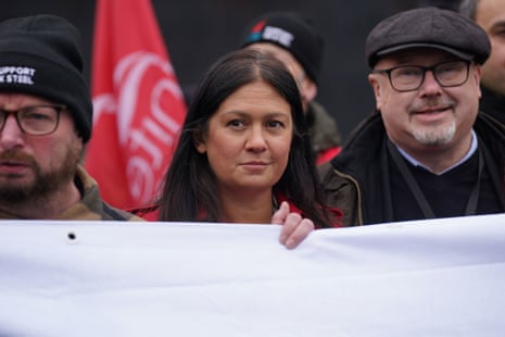 Shadow secretary for international development Lisa Nandy joins workers from Tata’s Port Talbot steelworks gather at College Green, in Westminster, London, following the announcement last week that Tata is planning to close blast furnaces at the country’s biggest steel plant in South Wales. The move will lead to the loss of up to 2,800 jobs, and more in firms which supply the plant with goods and services.