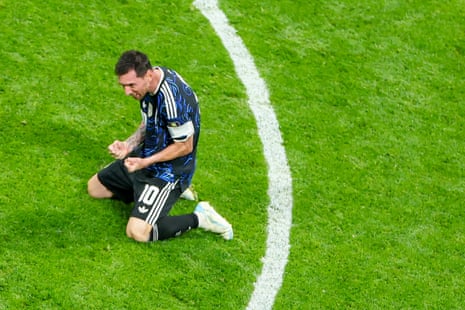 Argentina legend Lionel Messi kneels to celebrate his country’s win over England
